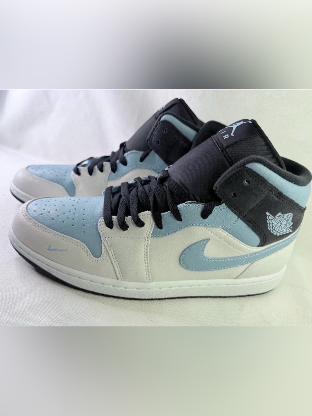 Nike Air Jordan 1 Mid — White & Light Blue with Black Accents 11.5 Leather